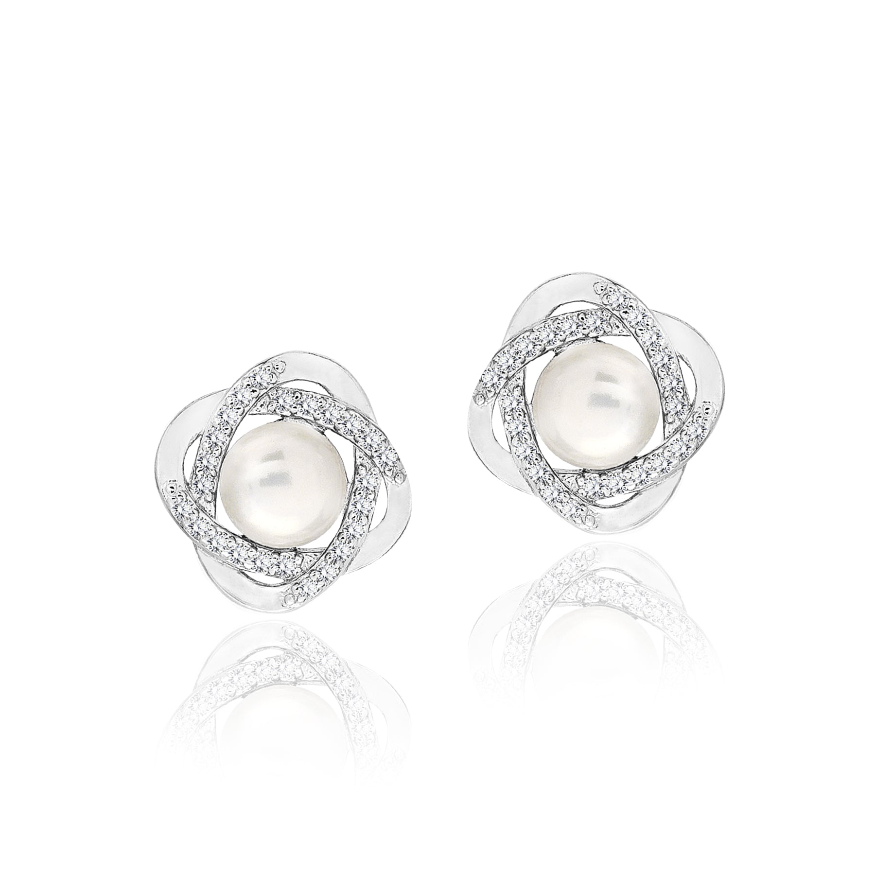 Modern Twirling Flower and Pearl 3 piece Jewelry Set of Natural Pearl Pendant, Ring, and Stud Earrings in Silver