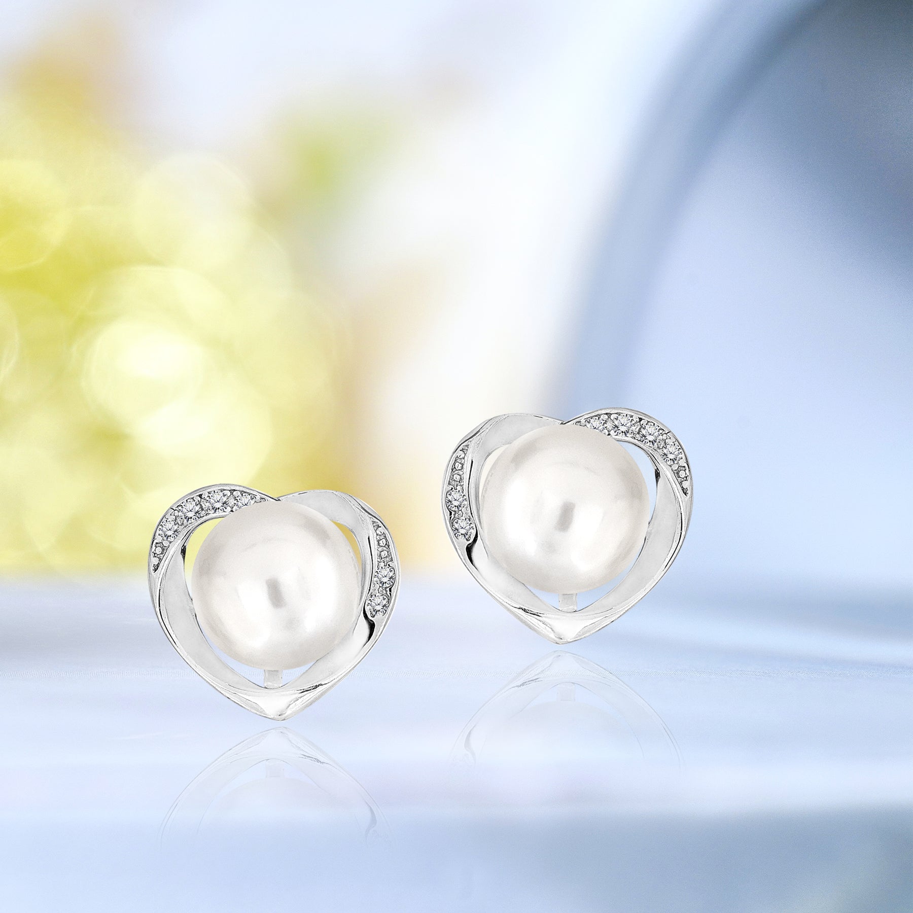 Large Pearl and Heart Stud Earrings - Female - in Silver