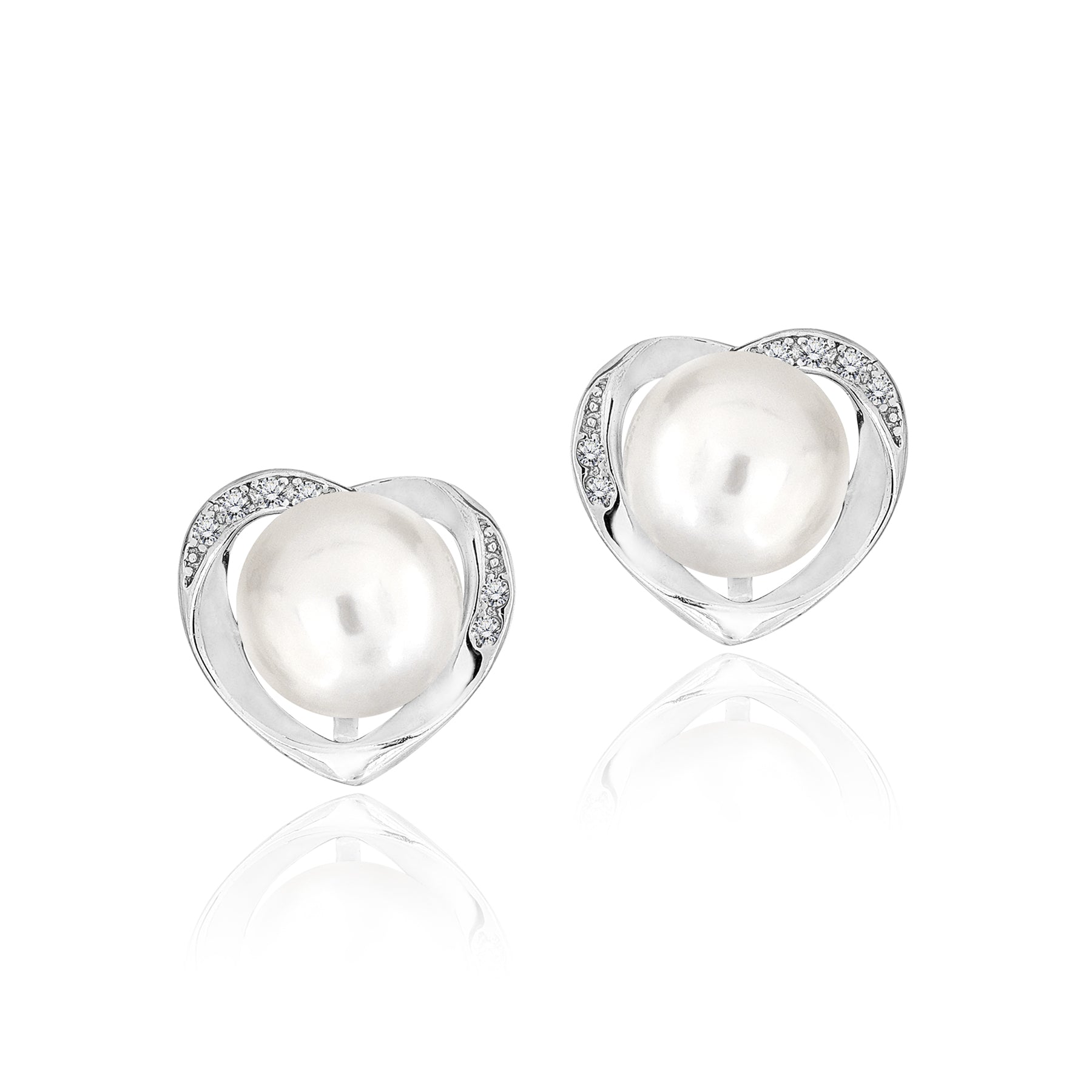 Large Pearl and Heart Stud Earrings - Female - in Silver