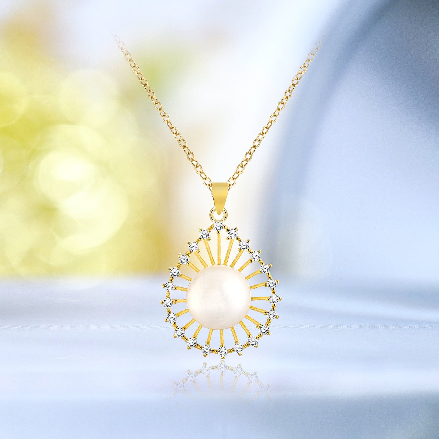 10mm Natural Pearl Sunburst Pendant Necklace Jewelry Unique in Silver