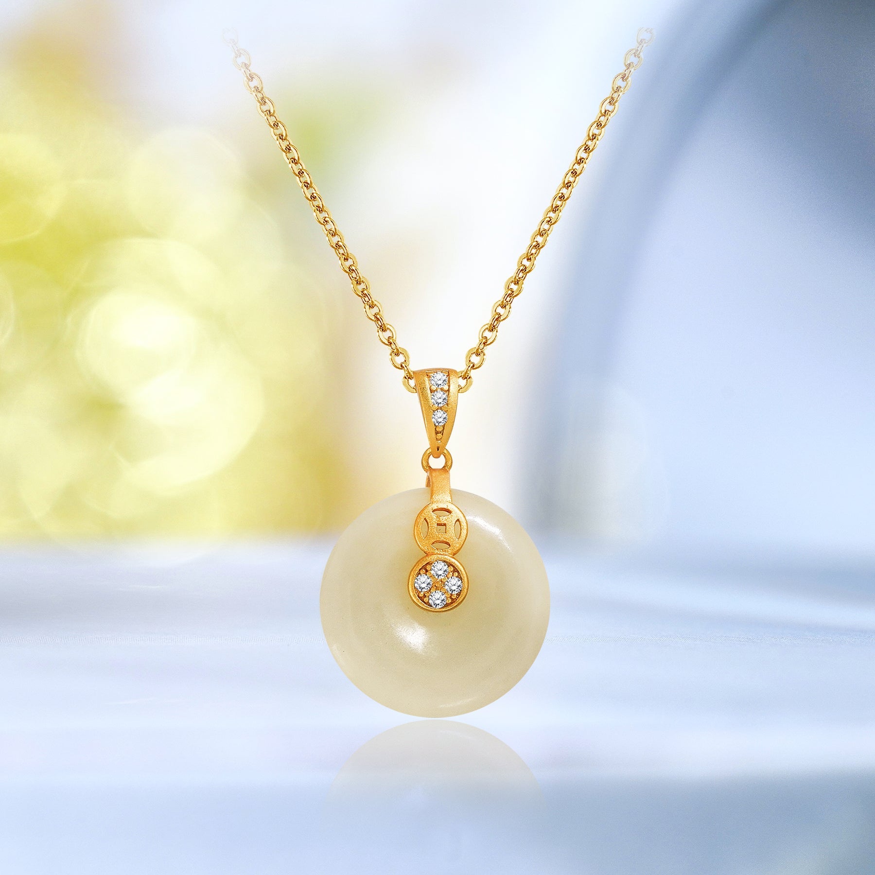 18 mm Round Real Jade Stone Pendant Necklace in Silver - Everyday Jewelry - Female - Adult