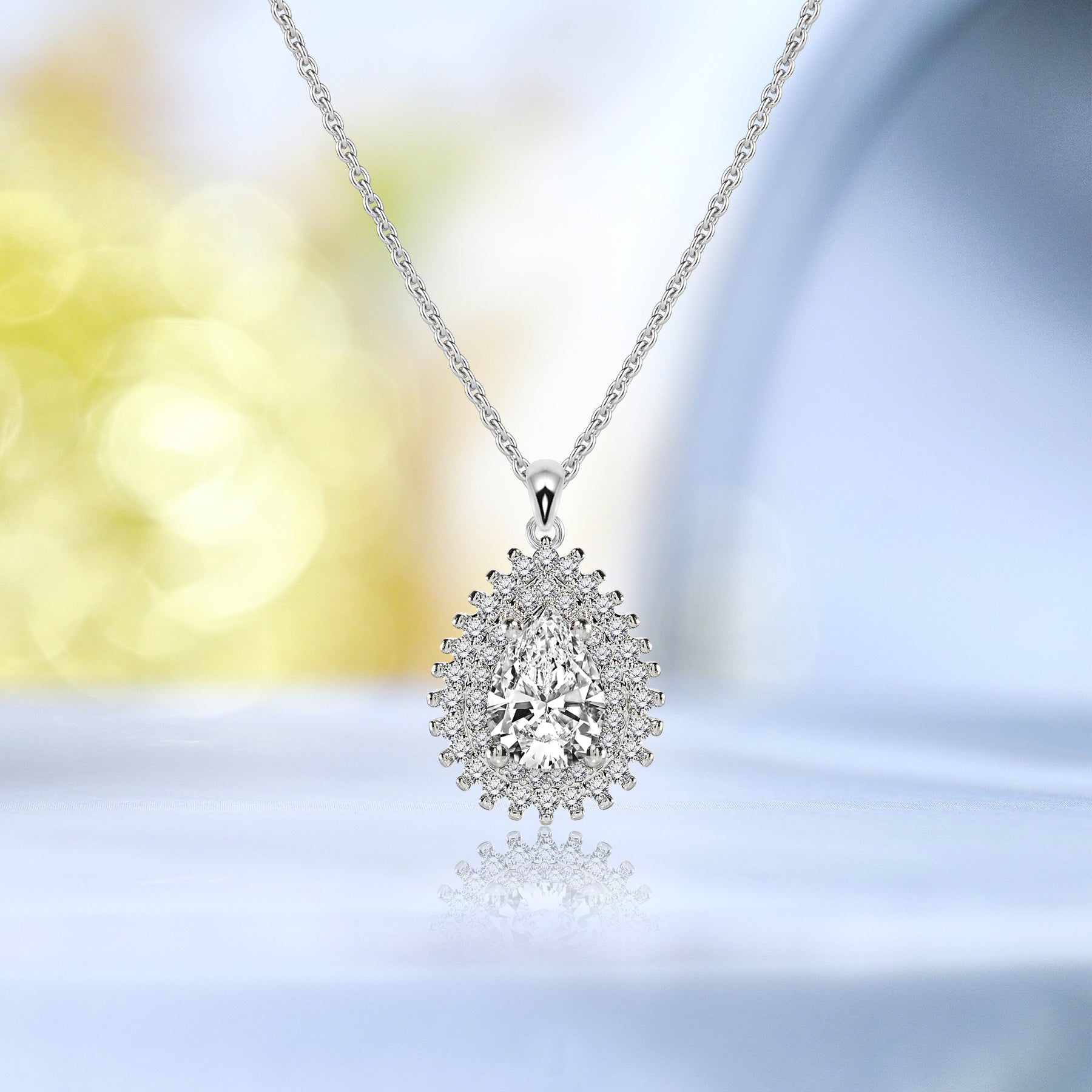 1.5 Carat Double Halo Pear Shaped Pendant Necklace - Classic Everyday Jewelry - Gift for Her