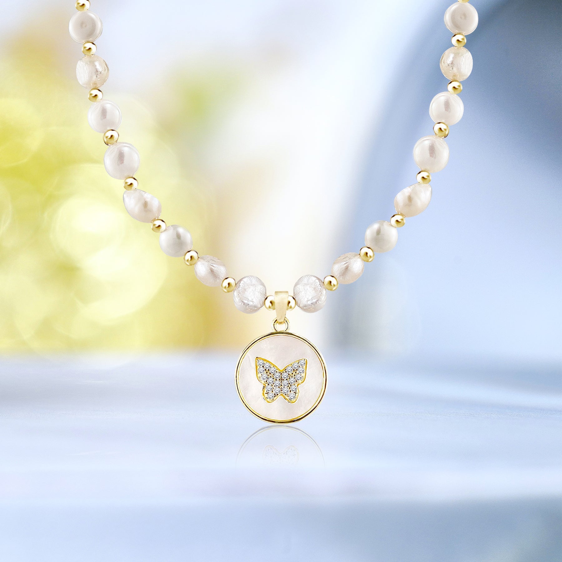 Vintage Natural Pearl Necklace with Butterfly Pendant - Unique Fashion Jewelry - Gift for Her