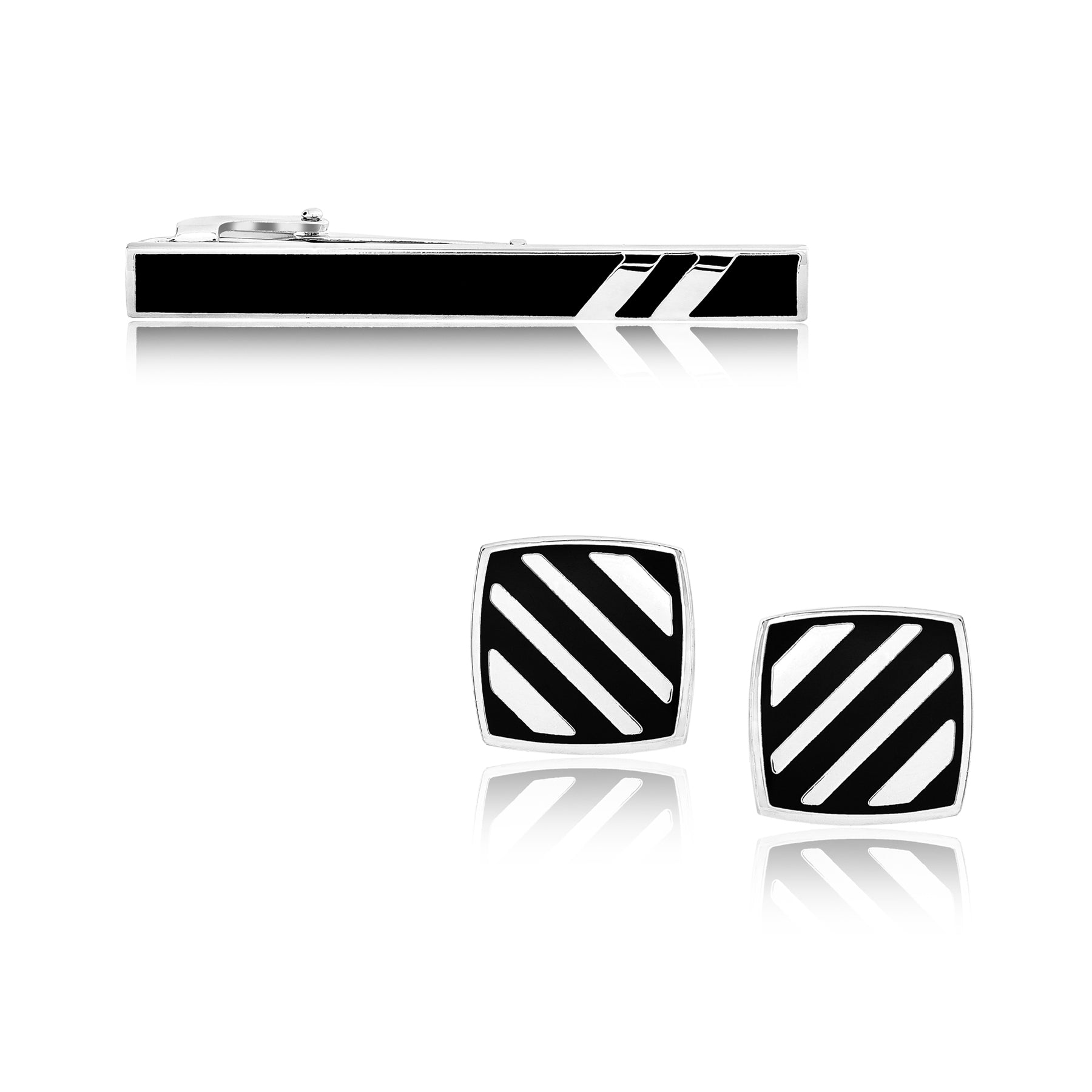 Black and Silver Diagonal Stripes Enamel Cufflinks and Tie Pin Clip Set- Useful Gift for Husband