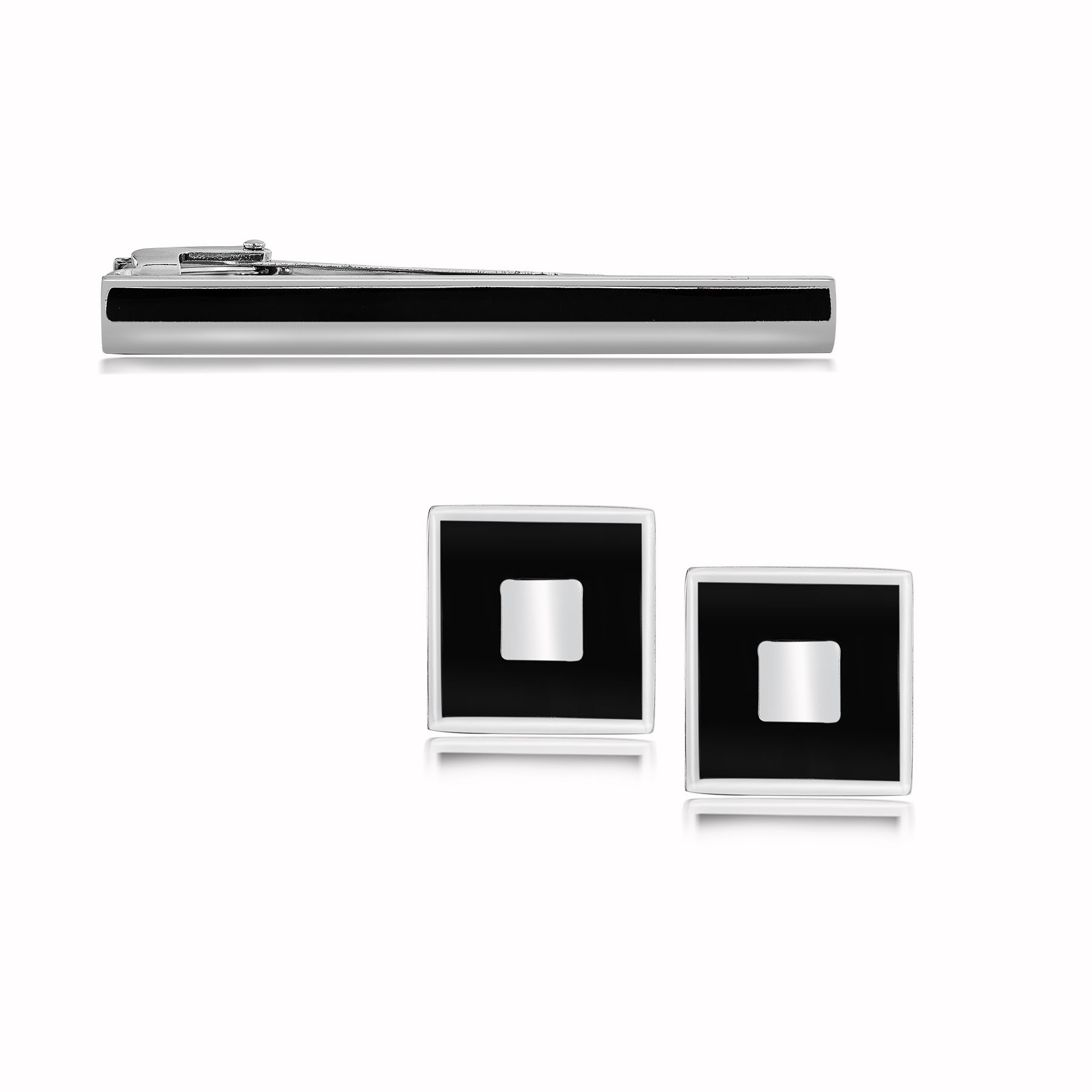 Silver Bordered Two Tone Cufflinks and Tie Pin Clip Set- Classic Men's Accessories - Formal Occasions