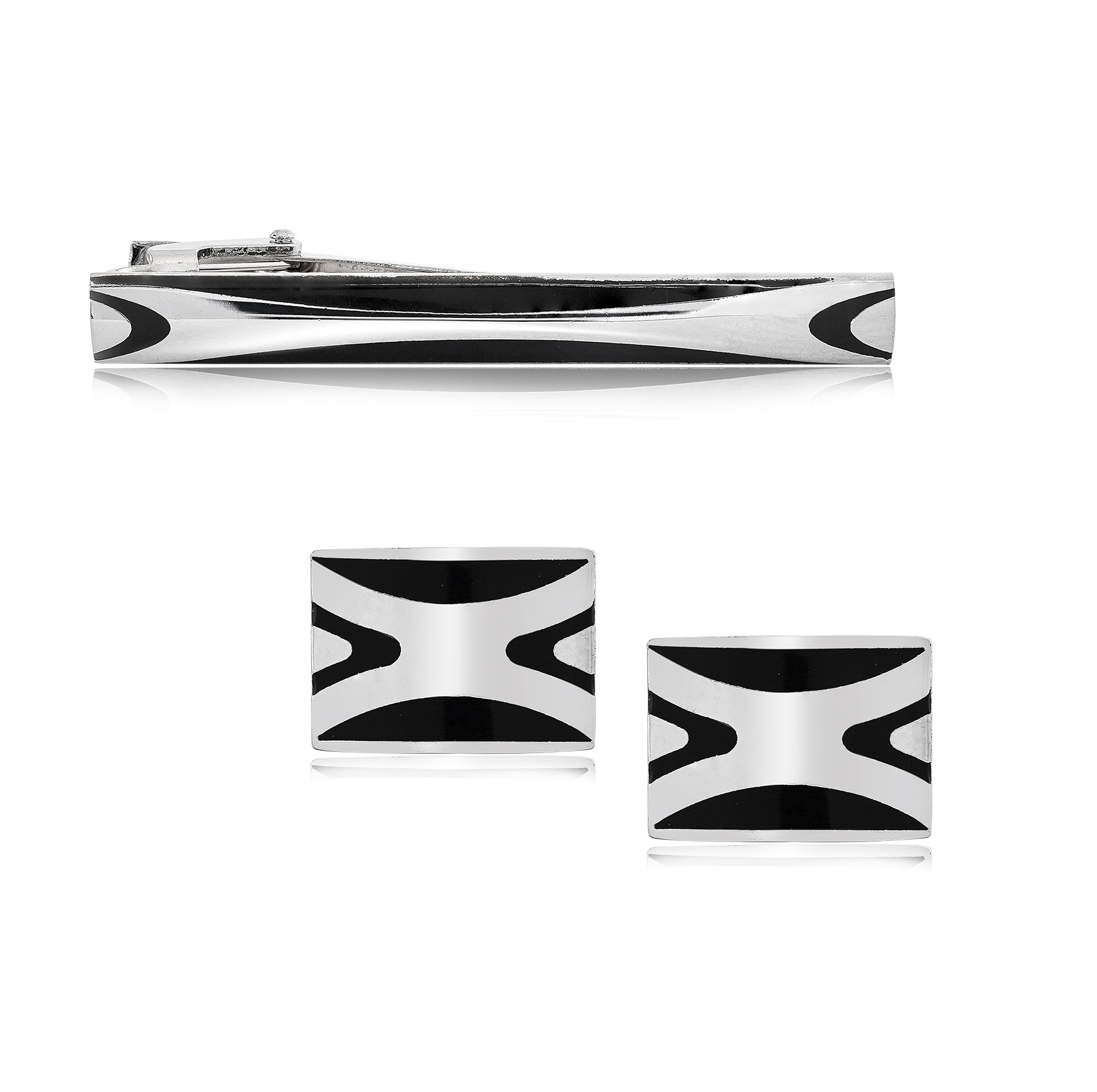 X-Shaped Enamel Rectangular Cufflinks and Matching Tie Pin Clip Set - Useful Gift for Husband