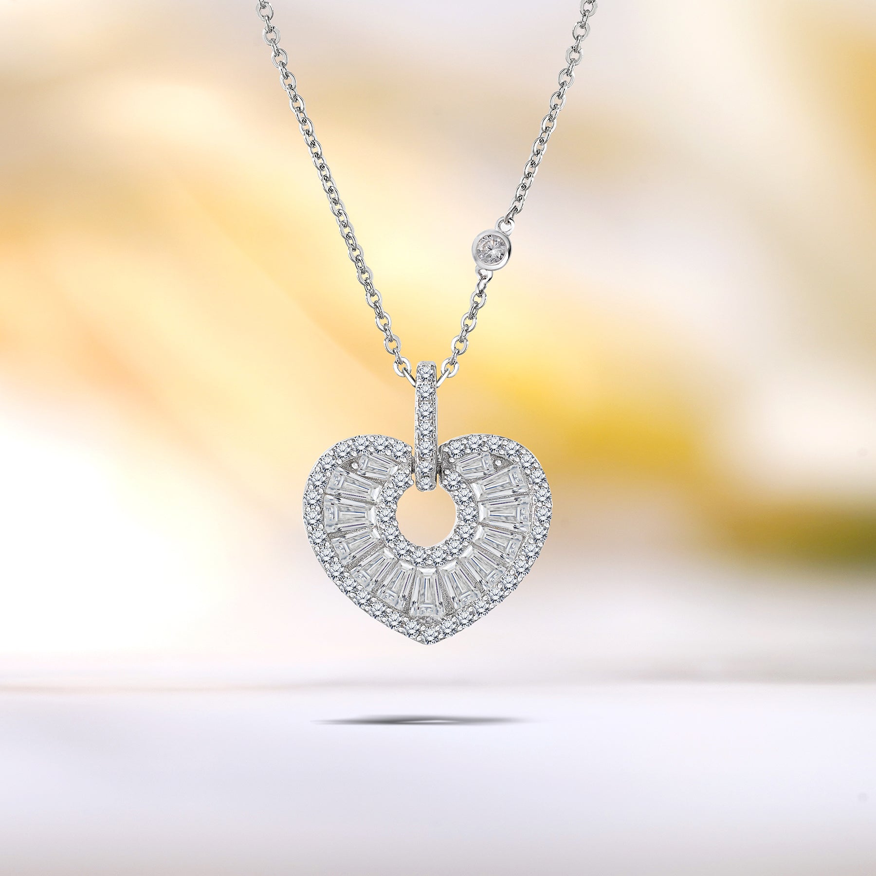 Baguette Cut Hollow Heart Pendant Necklace in Sterling Silver - Dainty Jewelry Collection