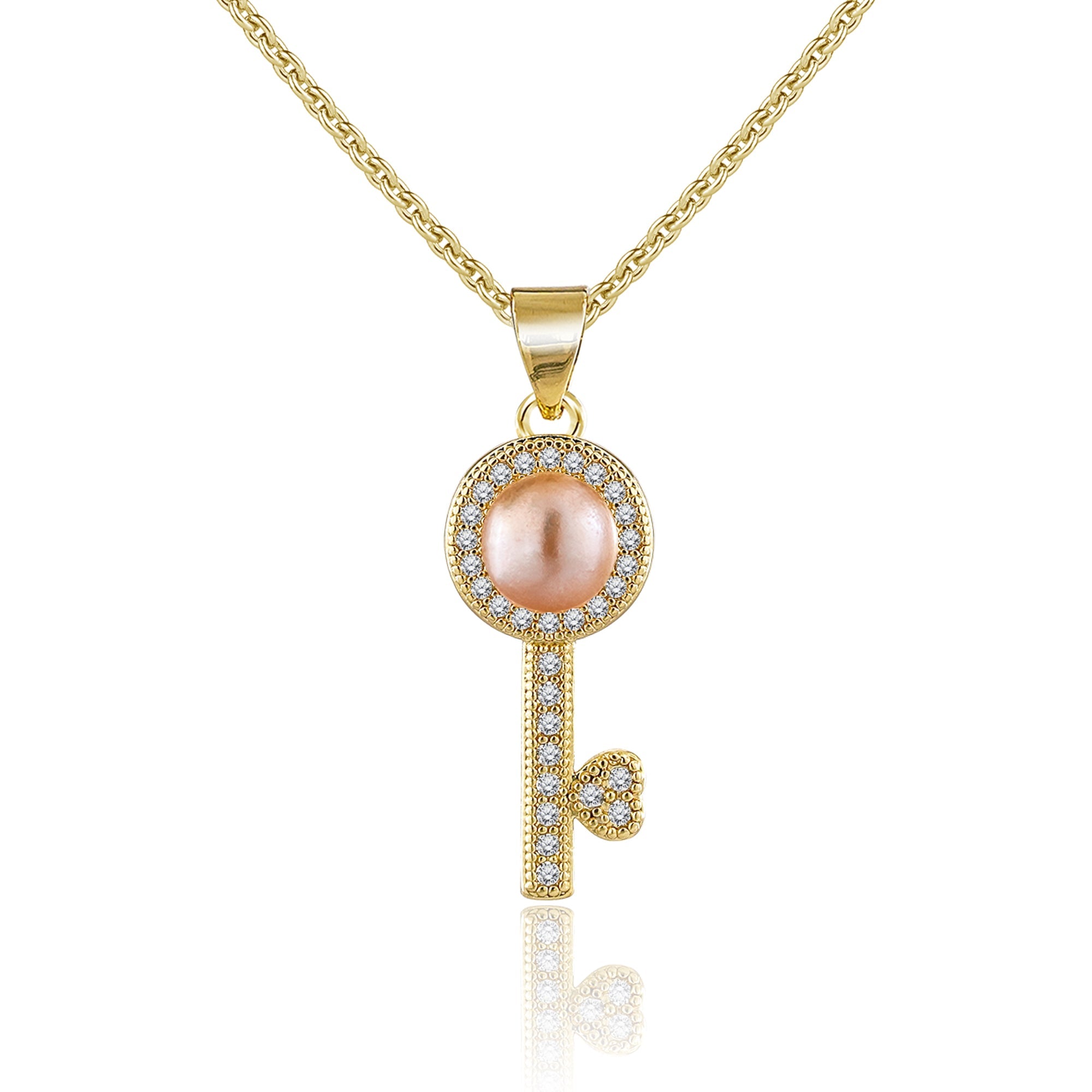 Natural 6mm Pearl Key Shaped Pendant Necklace  - Fashion Jewelry