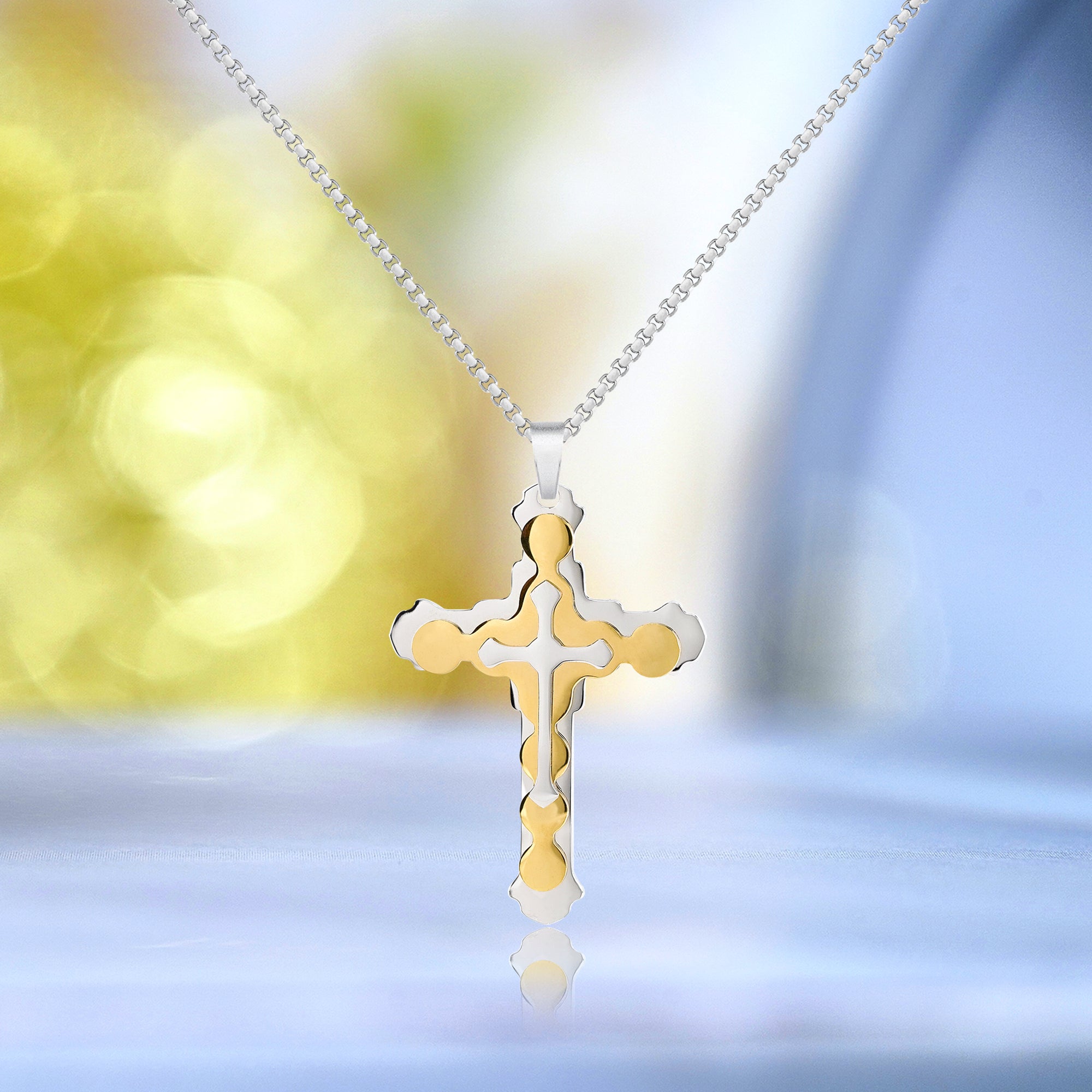 Two Tone Overlapped Three Layered Cross Pendant Necklace - Contemporary Cross Necklace