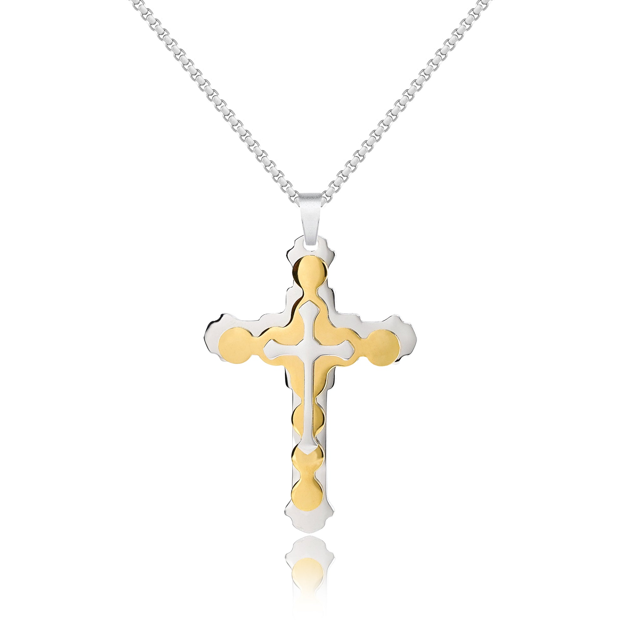 Two Tone Overlapped Three Layered Cross Pendant Necklace - Contemporary Cross Necklace