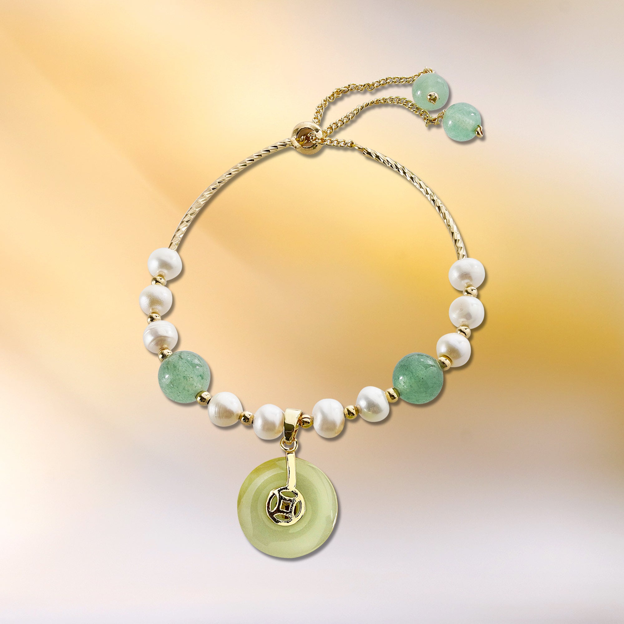 Natural Pearl and Jade Bracelet Adjustable Slider Clasp - Women's Charm Bracelet