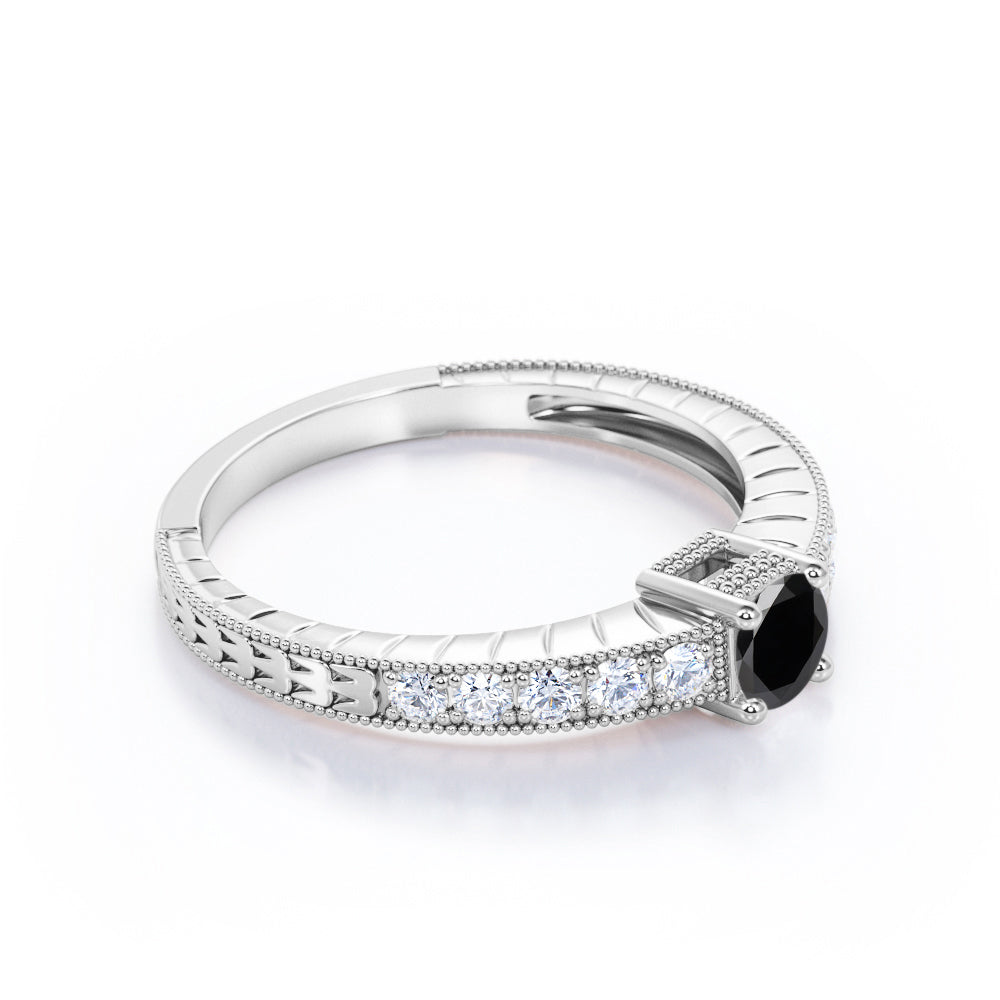 1.10 Carat Round Cut Lab Grown Black Diamond Vintage Milgrain Engagement Ring In White Gold