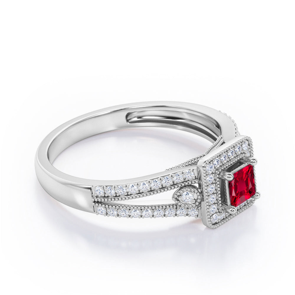 Split-Shanked Pave 1.55 Carat Princess Cut Ruby Milgrain-Bordered Halo Engagement Ring in White Gold