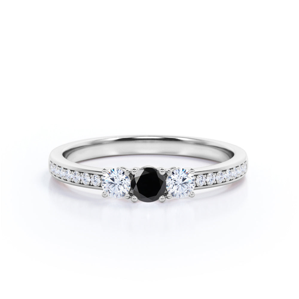 1.3 Carat Round Cut Lab Grown Black Diamond  Three Stone Engagement Ring In White Gold