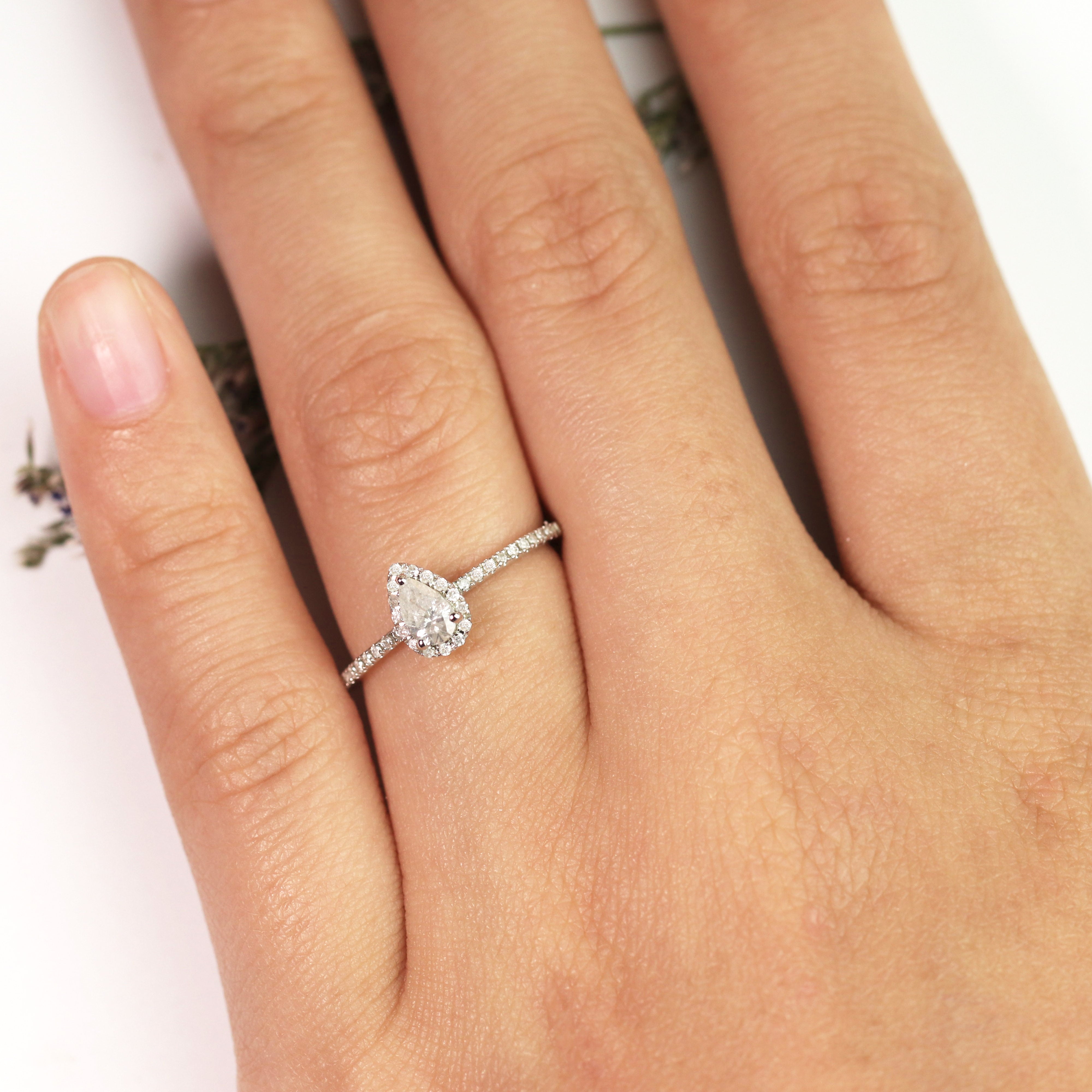 Vintage 0.50 ct Pear Shaped Diamond Halo Engagement Ring in 10K White Gold