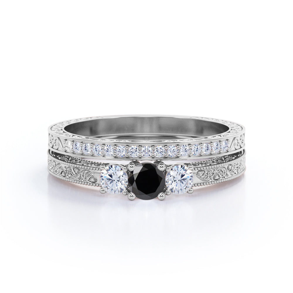 1.25 carat round cut  Black Diamond three stone wedding ring set in white gold