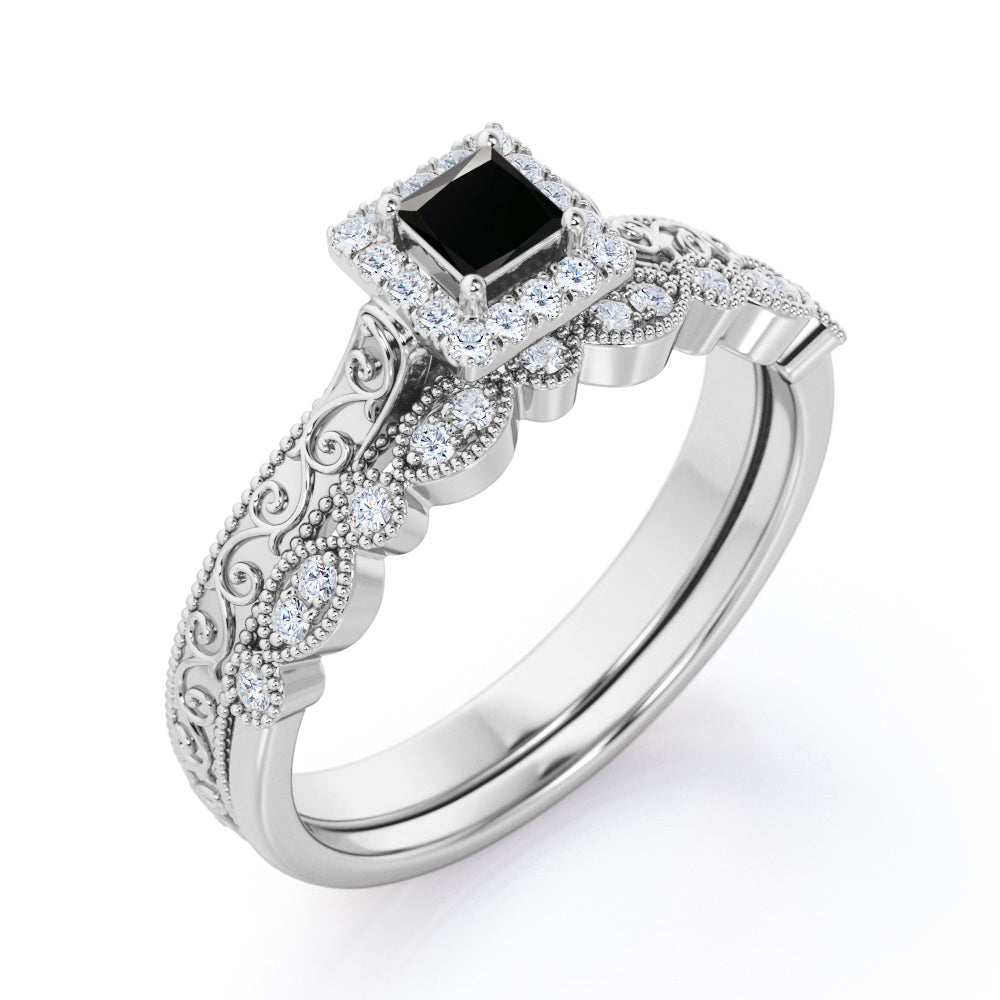 1.3 Carat Princess Cut Lab Grown Black Diamond Antique Bridal Set In White Gold