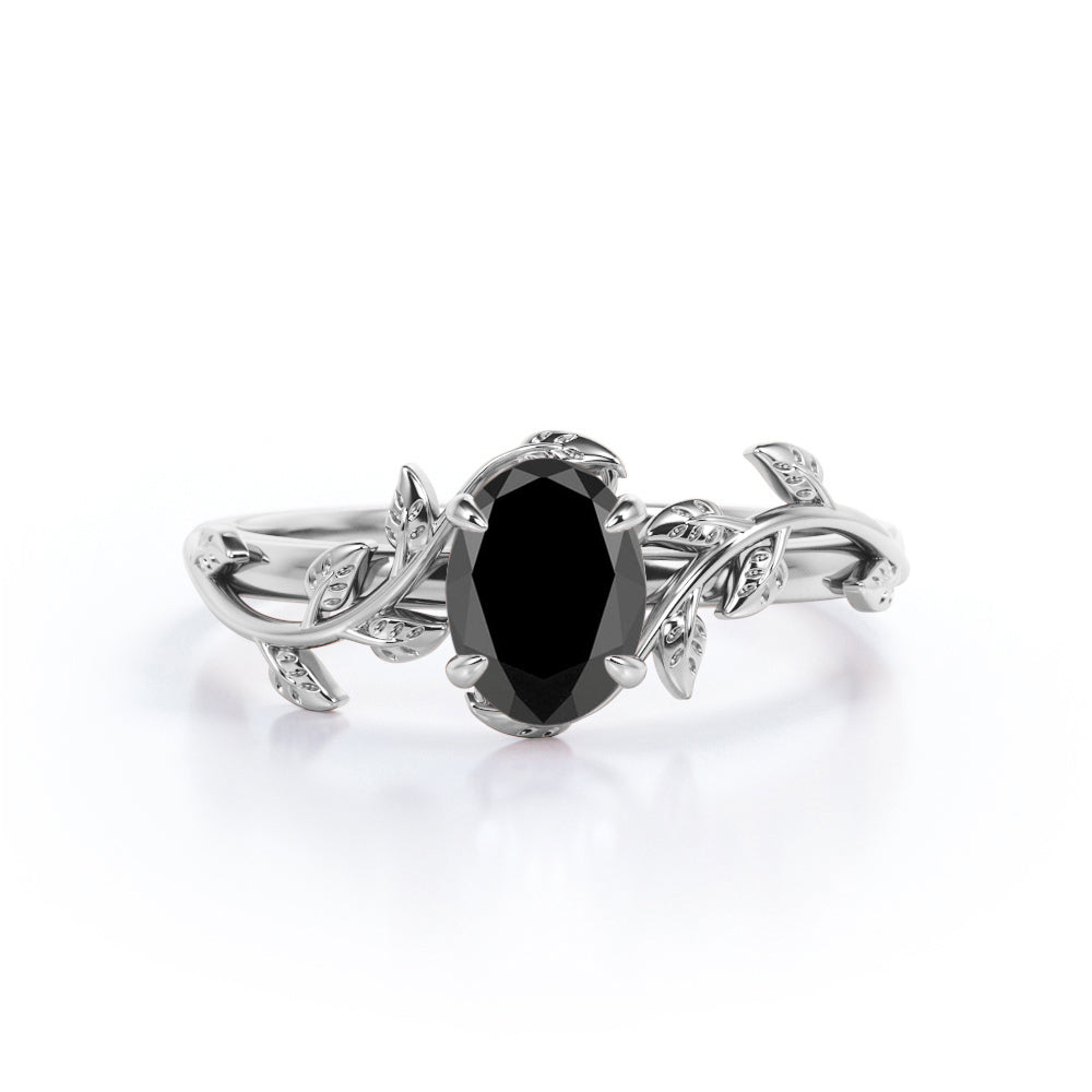 1 carat oval cut Black diamond leaf style engagement ring in white gold