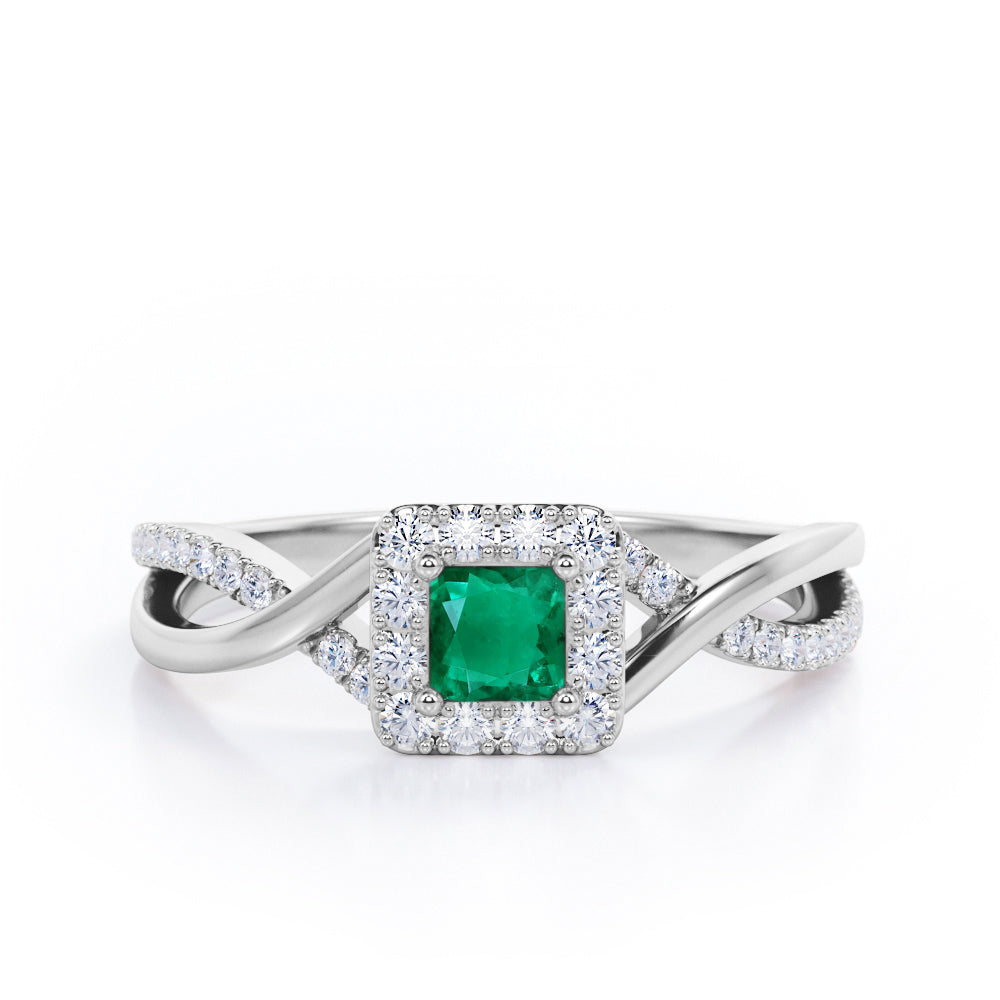 1.25 Carat Princess Cut Emerald and diamond - Half Crossover Pave - Halo Engagement Ring in White Gold