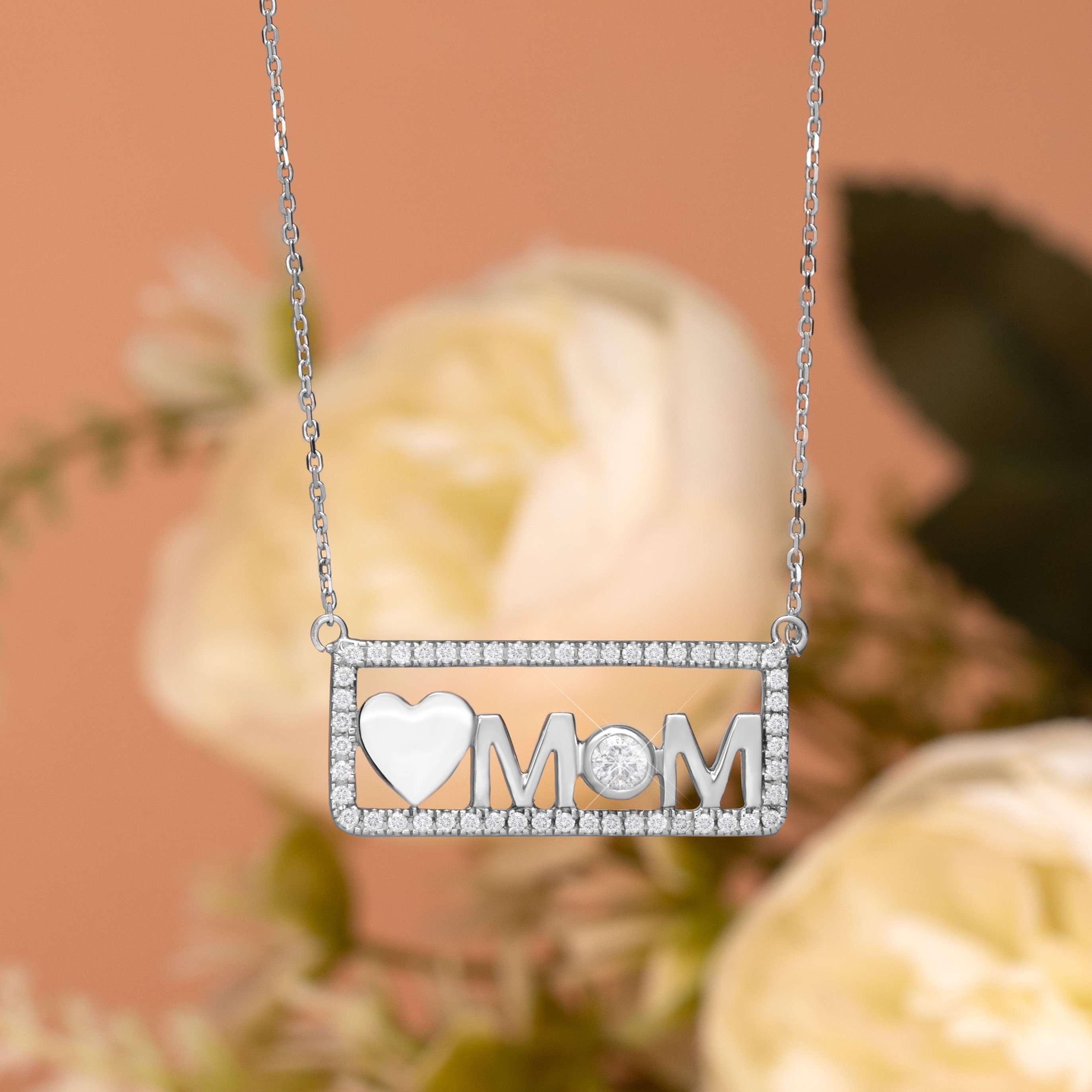 Love Mom Moissanite Pendant Necklace in 18K White Gold over Silver