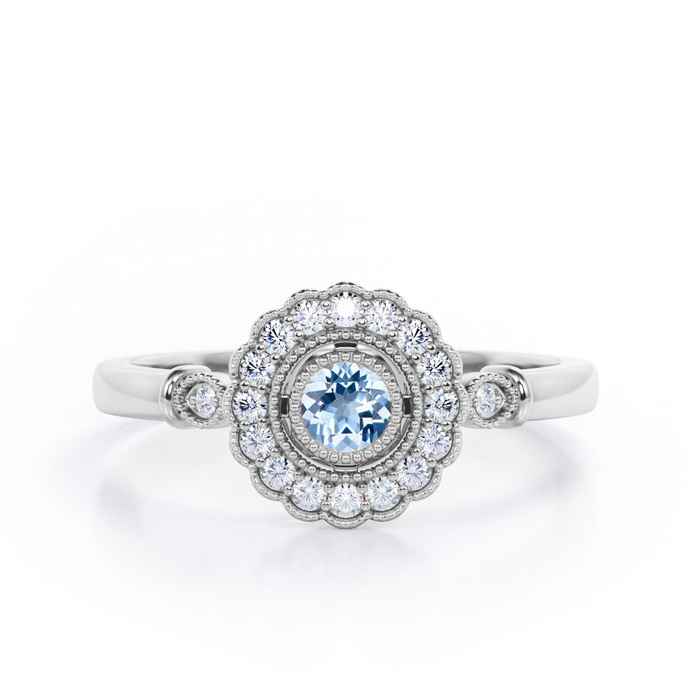 Milgrain Flower Halo 1.2 carat Carat Round Brilliant Cut Aquamarine Trilogy Bezel Engagement Ring in White Gold