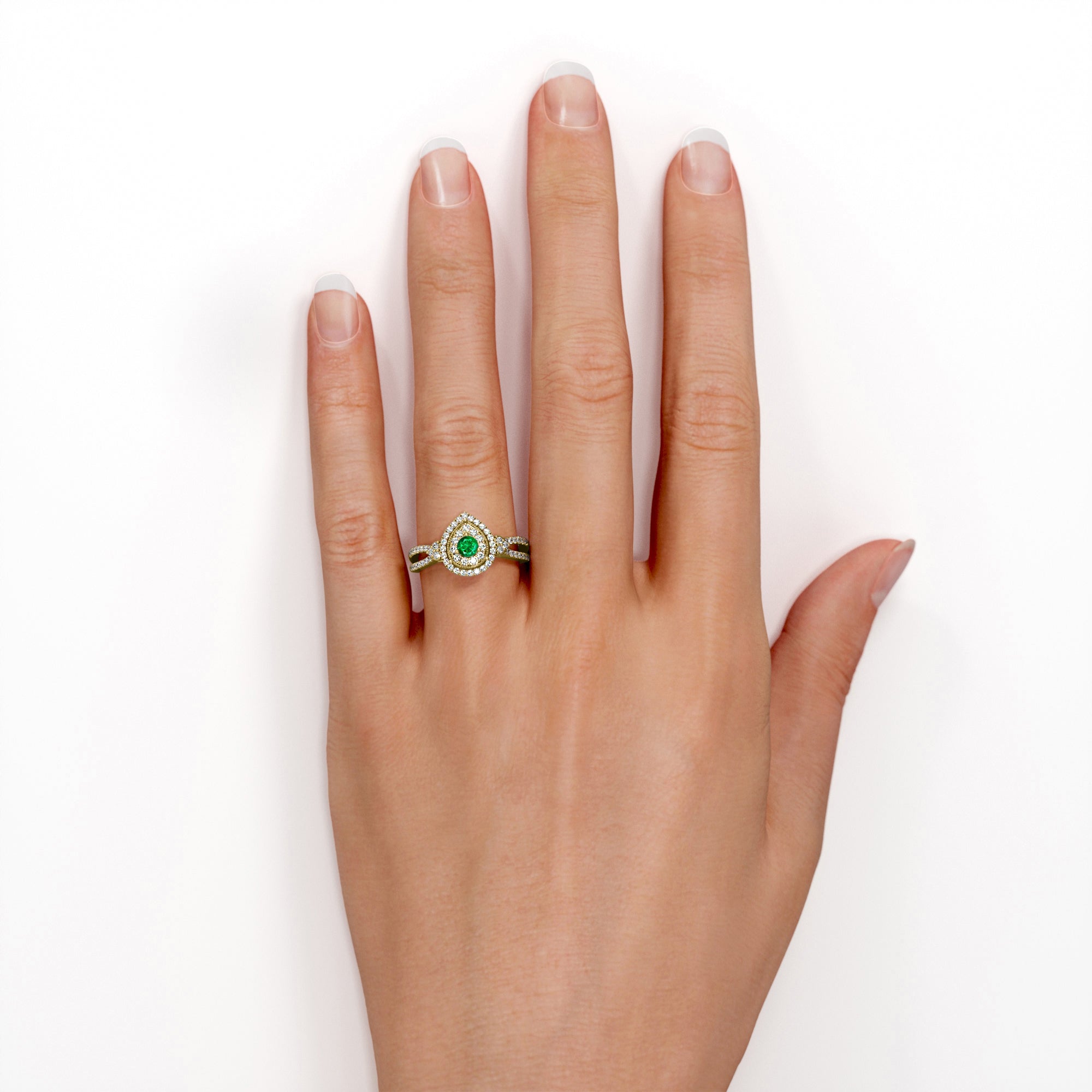 Pear-Shaped Double Halo - 1.7 Carat Round Cut Emerald and diamond - Pave Split Shank Engagement Ring in Yellow Gold