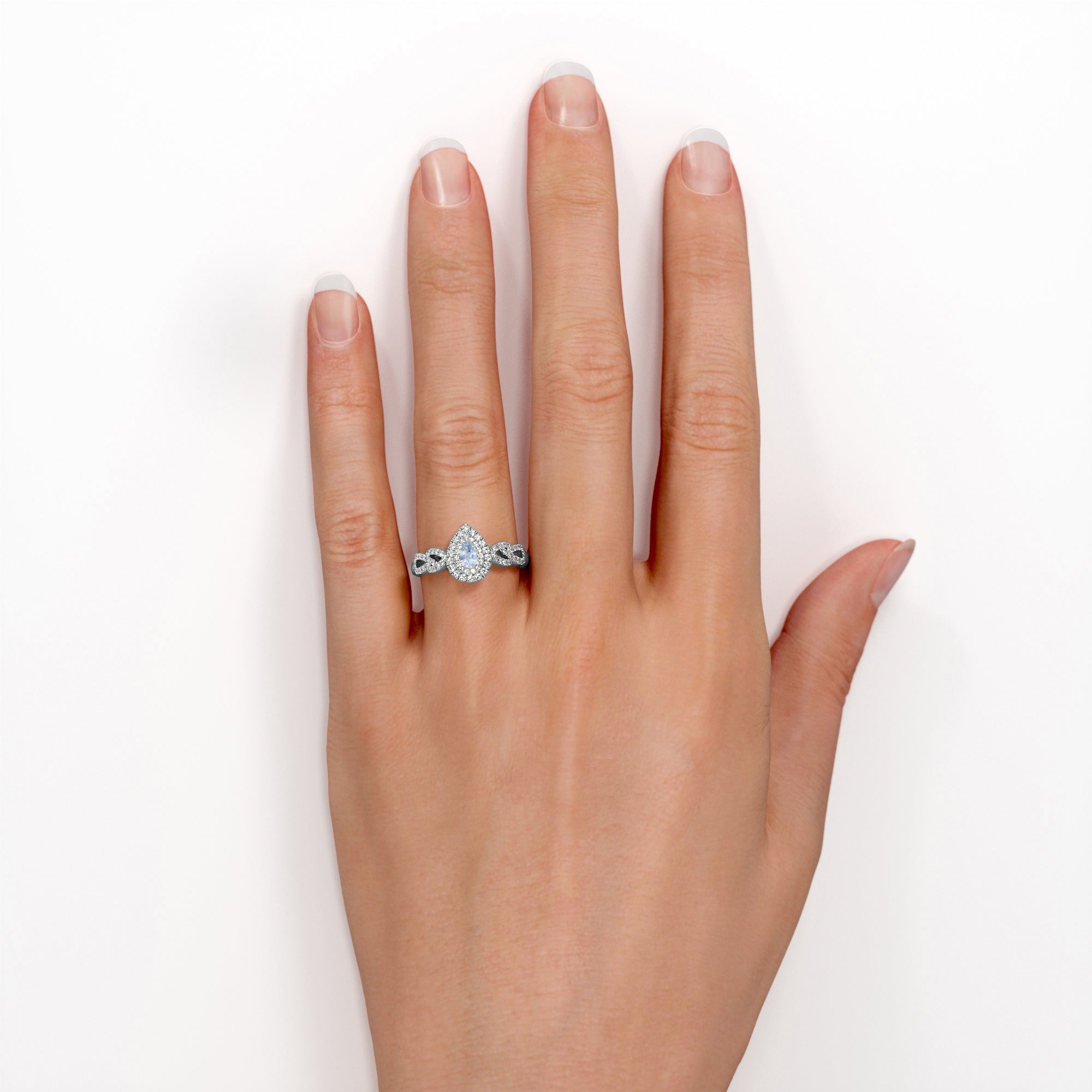 1.5 Carat Pear Cut Aquamarine And Diamond Double Halo Engagement Ring In White Gold