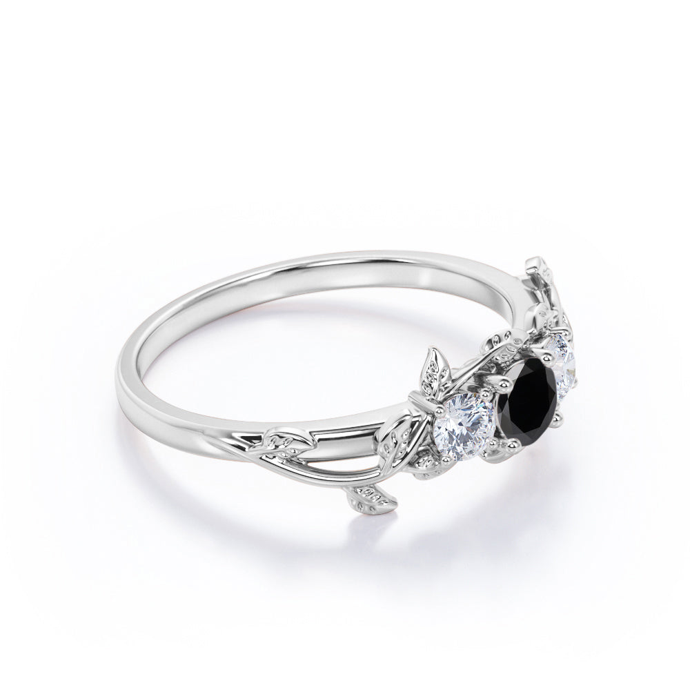 1 carat round cut  Black Diamond leaf style engagement ring in white gold