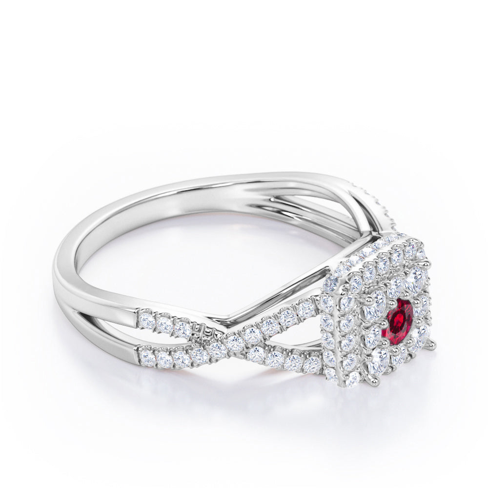 Pave Crossover - 1.25 Carat Round Cut Ruby - Flush Cluster Halo Engagement Ring in White Gold