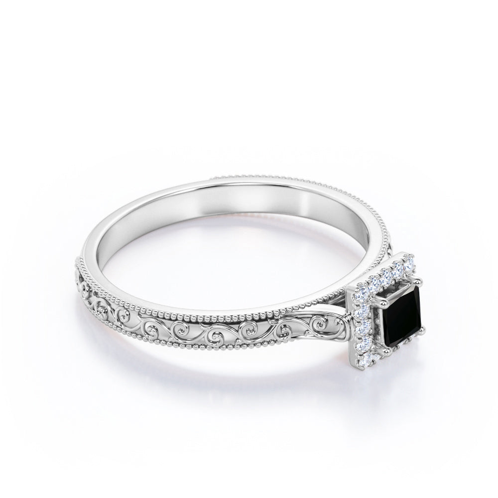 1.15 Carat Princess Cut Lab Grown Black Diamond Vintage Art Deco Engagement Ring In White Gold