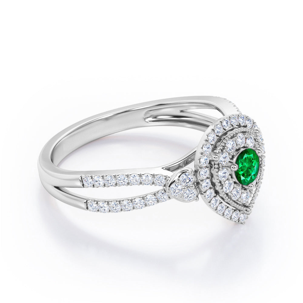 Pear-Shaped Double Halo - 1.7 Carat Round Cut Emerald and diamond - Pave Split Shank Engagement Ring in Yellow Gold