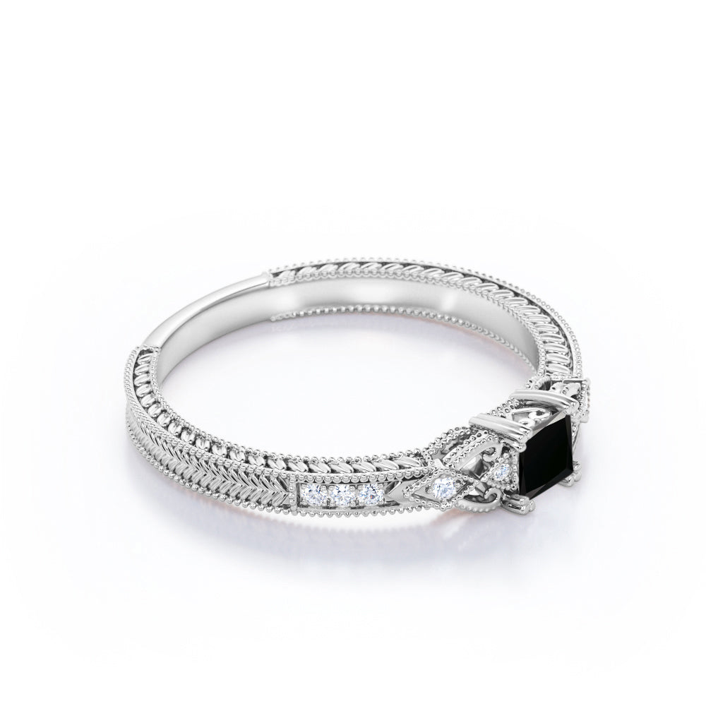 1.1 Carat Princess Cut Lab Grown Black Diamond Vintage Milgrain Engagement Ring In White Gold