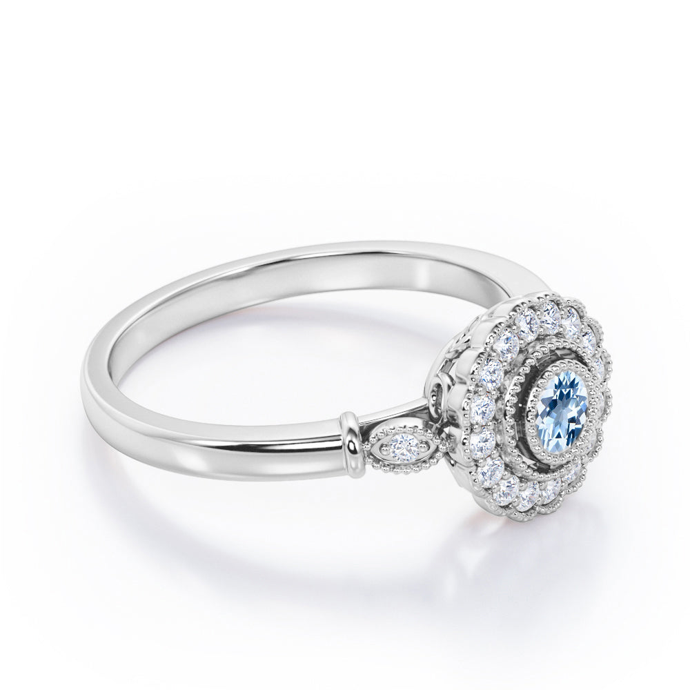 Milgrain Flower Halo 1.2 carat Carat Round Brilliant Cut Aquamarine Trilogy Bezel Engagement Ring in White Gold