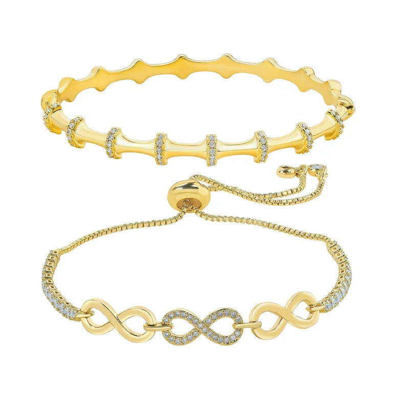 Two Piece Bangle Bracelet Set in Yellow Gold Plating - Infinity Stackable Bracelets - Multipack Jewelry