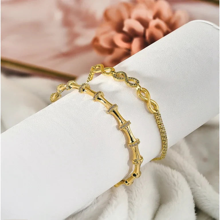 Two Piece Bangle Bracelet Set in Yellow Gold Plating - Infinity Stackable Bracelets - Multipack Jewelry