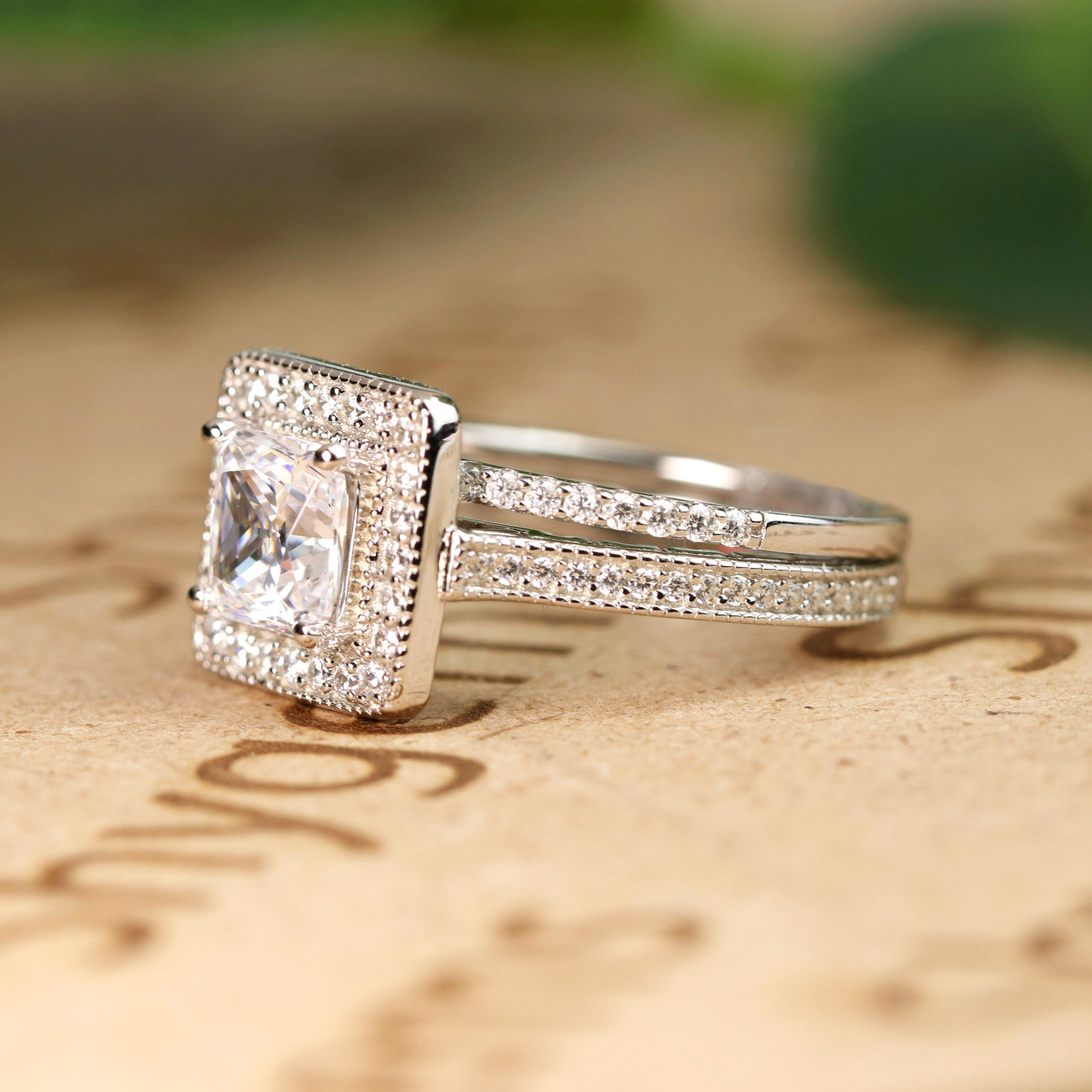 1 carat Princess Cut Moissanite Wedding Set - Bridal Set - Milgrain Ring - Vintage Ring - Halo Ring - 18k White Gold Over Silver