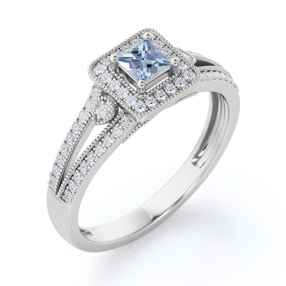 Split-Shanked Pave 1.55 Carat Princess Cut Aquamarine Milgrain-Bordered Halo Engagement Ring in White Gold