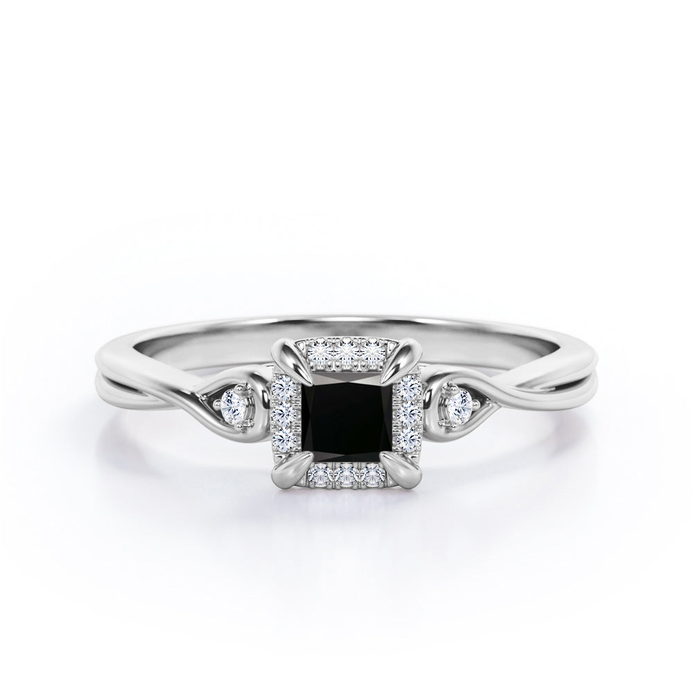 Prong and Halo 0.6 carat Princess Black Diamond Twisted Shank Engagement Ring in White Gold