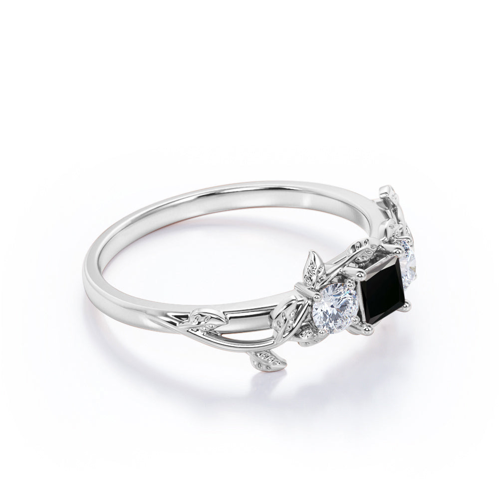 1 carat princess cut Black Diamond nature inspired engagement ring in white gold