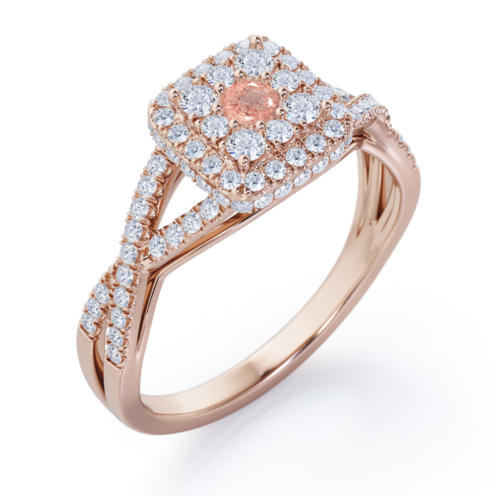 Pave Crossover - 1.25 Carat Round Cut Strawberry Quartz - Flush Cluster Halo Engagement Ring in Rose Gold