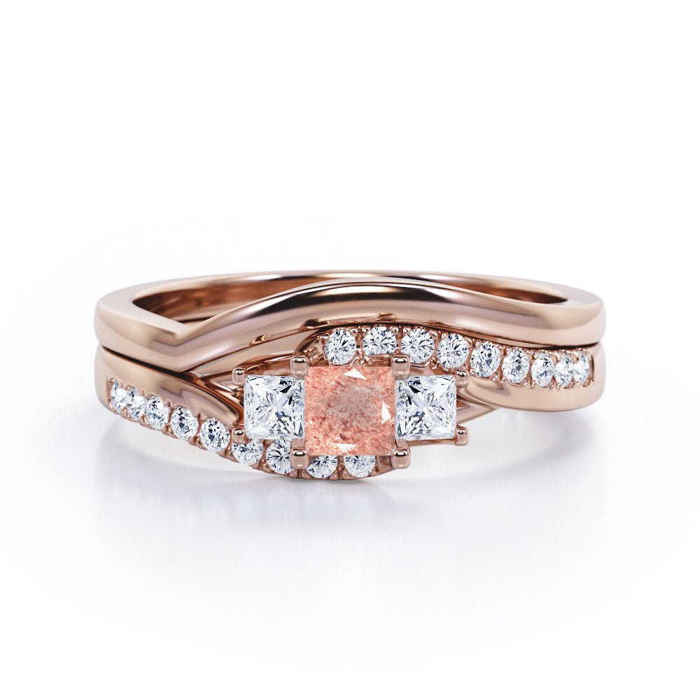 3 Stone Shared Prong - 1 TCW Princess Cut Strawberrry Quartz and diamond - Pave Curved Shank Wedding Set - Rose Gold