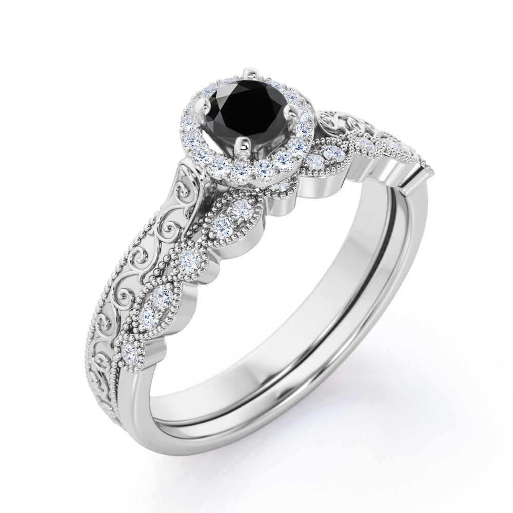 1.3 Carat Round Cut Lab Grown Black Diamond Halo Wedding Ring Set In White Gold