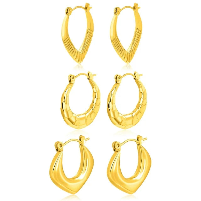 3 Pairs Classy Lightweight Latchback Earrings in Yellow Gold Plating - Multipack Chunky Jewelry - Gift for Women