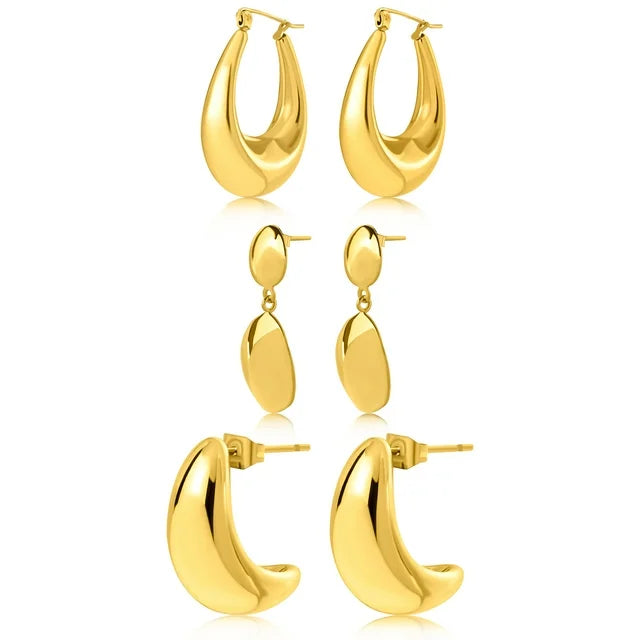 3 Pairs Fashion MultiPack Earrings Set for Women in Yellow Gold Plating, Hoop Earrings, Chunky, Lightweight Drop Hypoallergenic Earrings Gift for Women