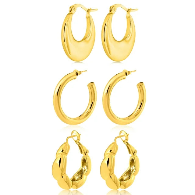 3 Pairs Fashion MultiPack Earrings Set for Women in Yellow Gold Plating, Hoop Earrings, Chunky, Lightweight Drop Hypoallergenic Earrings Jewelry Gift for Women