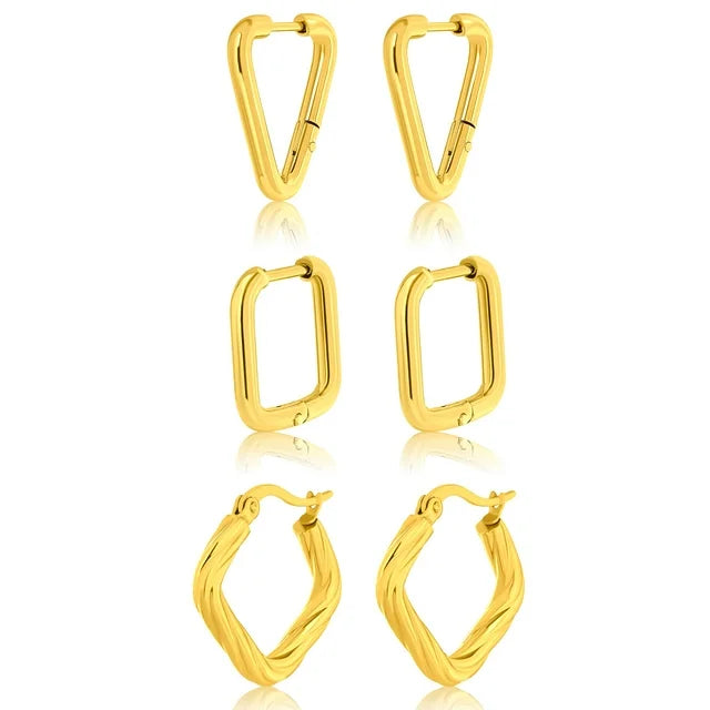 3 Pairs MultiPack Fashion Earrings Set in Yellow Gold Plating, Chunky, Twisted, Hoop Earrings, Paperclip, Drop Earrings, Jewelry Gift for Women