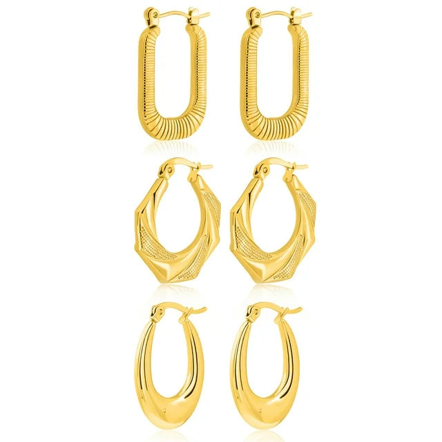 3 Pairs MultiPack Fashion Earrings Set in Yellow Gold Plating, Chunky, Twisted, Hoop Earrings, Paperclip, Drop Earrings, Jewelry Gift for Women