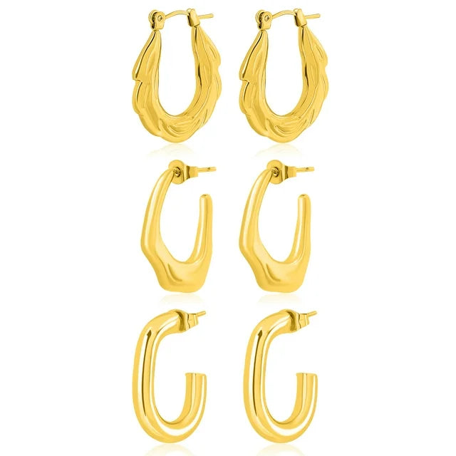 3 Pairs Women Earrings MultiPack Gift Set in Yellow Gold Plating, Light Weight, Chunky, Huggie Hoop Earrings, Earrings Gift set for all occasion