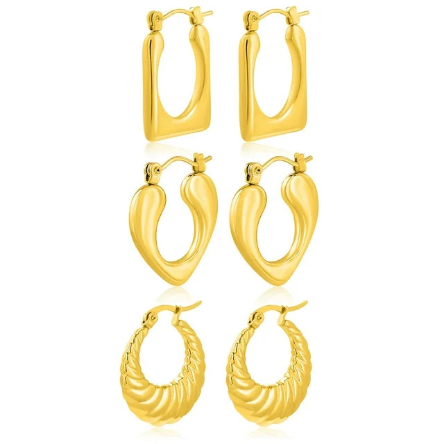 3 Pairs Women Earrings MultiPack Gift Set in Yellow Gold Plating, Light Weight, Chunky, Huggie Hoop Earrings, Earrings Gift set for all occasion