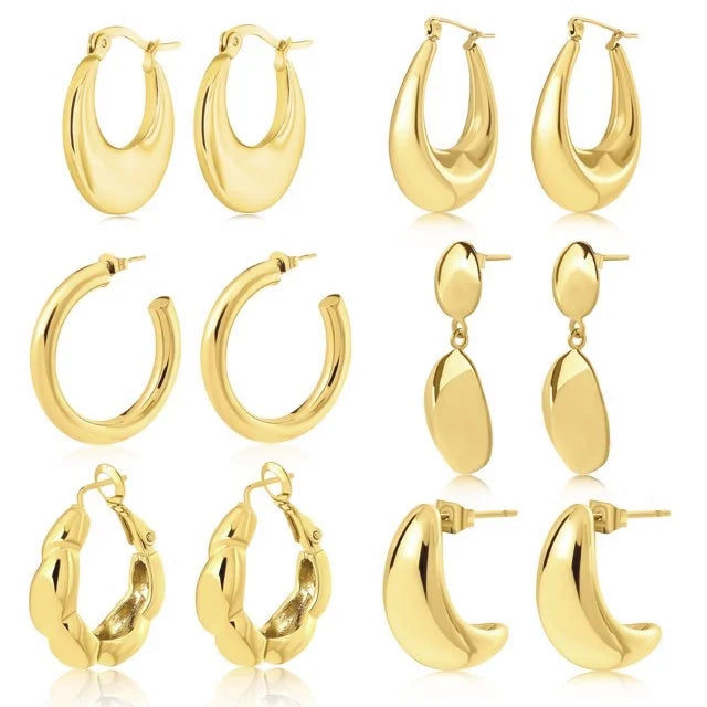 6 Pairs Fashion MultiPack Earrings Set for Women in Yellow Gold Plating, Hoop Earrings, Chunky, Lightweight Drop Hypoallergenic Earrings Jewelry Gift for Women